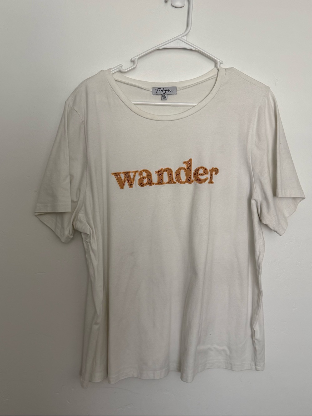 Polagram White Tee with Tan-Orange 'wander' Embroidery